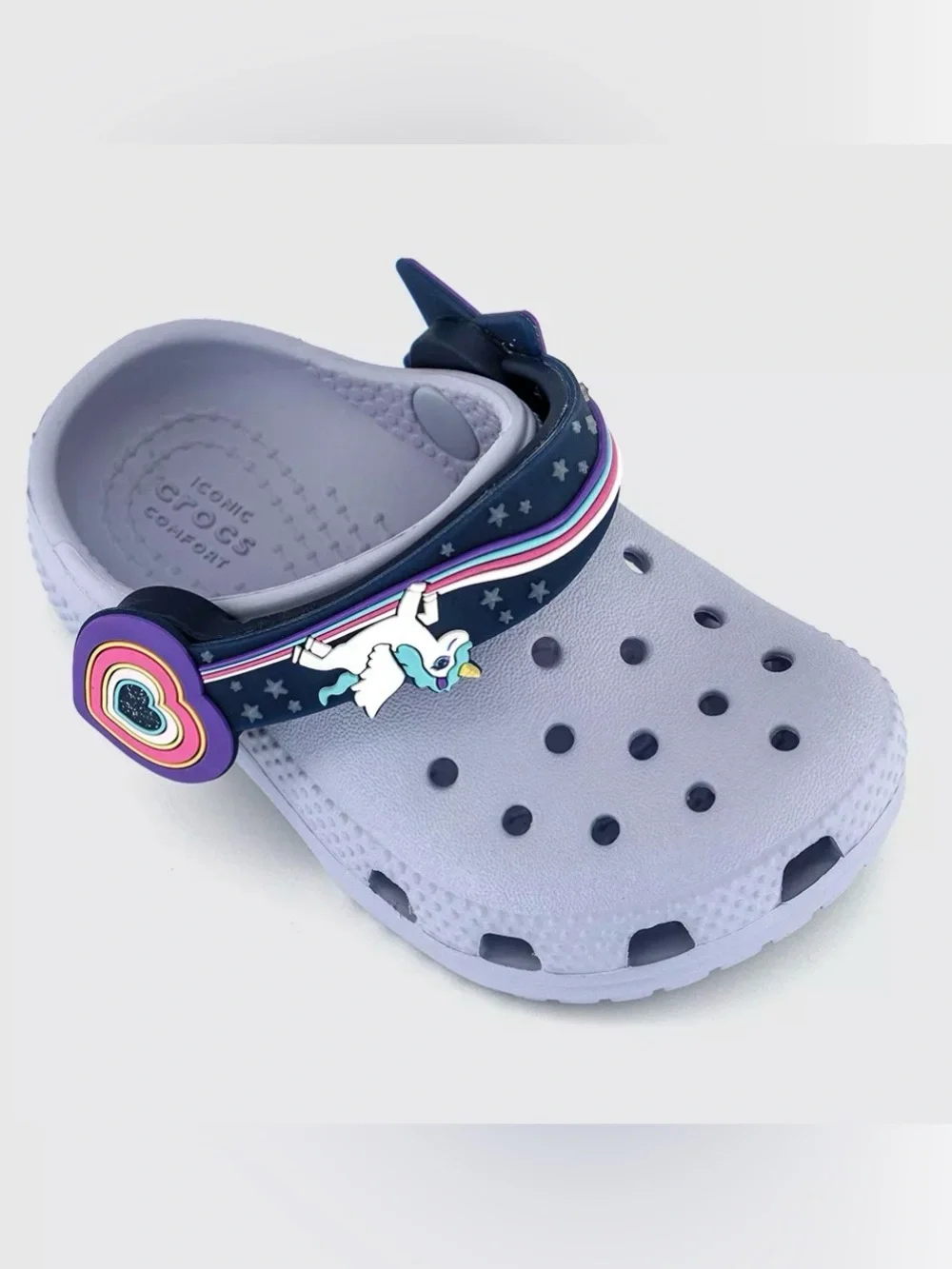CROCS Kids Classic Clog in Lavender with Navy Strap and Unicorn Charm